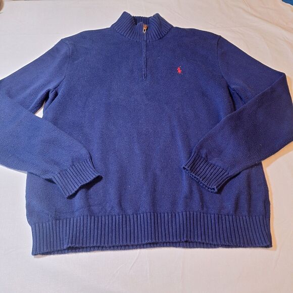 Polo Ralph Lauren Vintage Cobalt Blue Knit Quarter Zip Sweater Ivy Prep Size XL - Picture 9 of 9